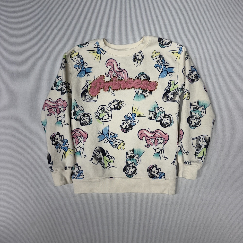 Disney Princess Sweatshirt Girls 10 Cream Fleece Ariel Jasmine Allover Graphic